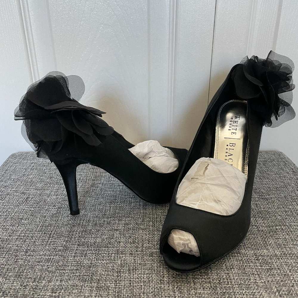 WHBM Peep Toe Sating Heels with Chiffon Flowers - Size 7.5